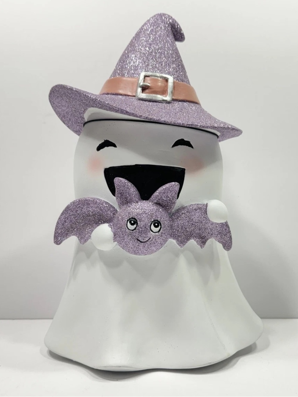 NWT! Goblin & Ghoul 12” Ghost Purple Glitter Hat & Bat Halloween Resin Figurine